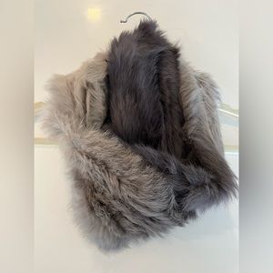YVES SALOMON genuine rabbit infinity scarf in light and dark grey